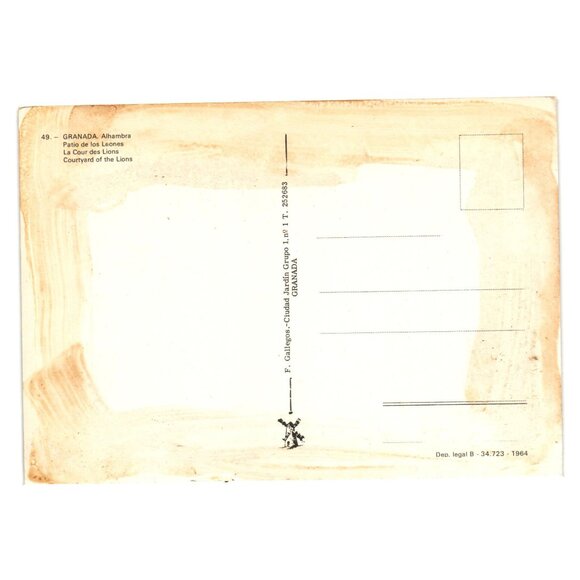 Vintage Alhambra Palace Courtyard Lions Granada Spain Postcard 1964 Travel - Picture 2 of 2